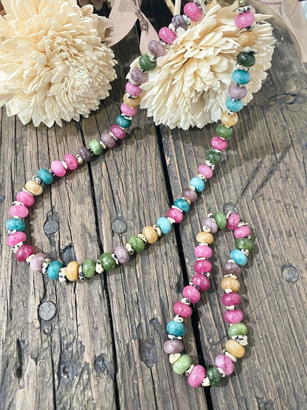 Colorful Gemstone Necklace and Bracelet Set with Black & White Pattern